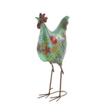 17 Inch Farmhouse Metal Rooster Sculpture with Floral Motif, Multicolor
