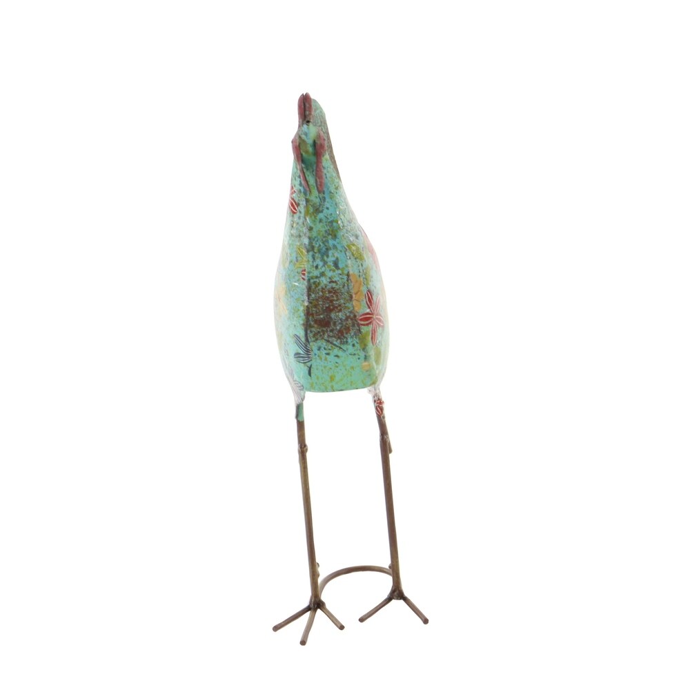 17 Inch Farmhouse Metal Rooster Sculpture with Floral Motif, Multicolor