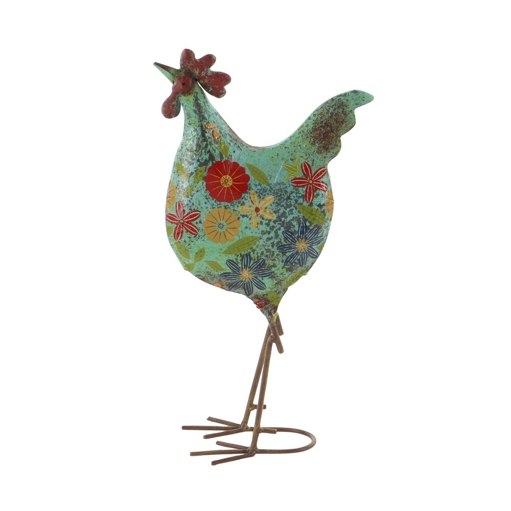 17 Inch Farmhouse Metal Rooster Sculpture with Floral Motif, Multicolor