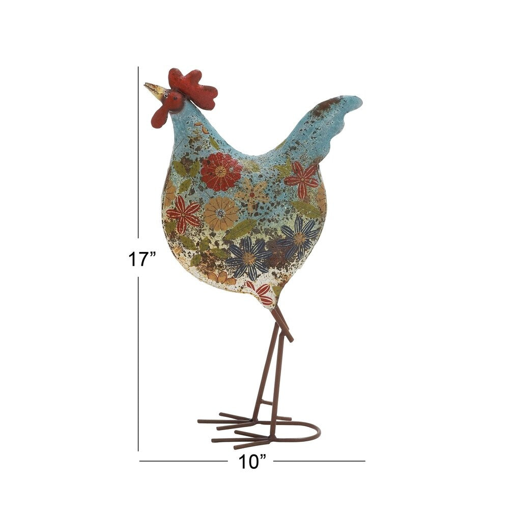 17 Inch Farmhouse Metal Rooster Sculpture with Floral Motif, Multicolor