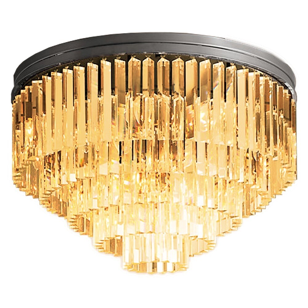17 Light Golden Teak Glass Fringe Flush Mount In Polished Nickel Finish - 21.00