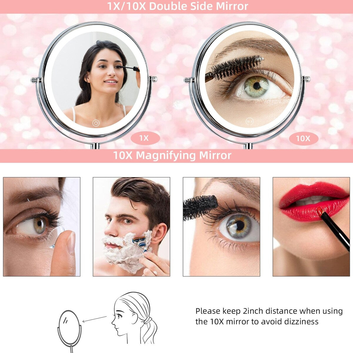 8 inch Double-Sided Wall Mounted 10X LED Magnifying Bathroom Mirror