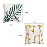 17 x 17 Inch Square Cotton Accent Throw Pillows, Leaf Embroidery, Set of 2, White, Green, Yellow