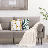 17 x 17 Inch Square Cotton Accent Throw Pillows, Leaf Embroidery, Set of 2, White, Green, Yellow