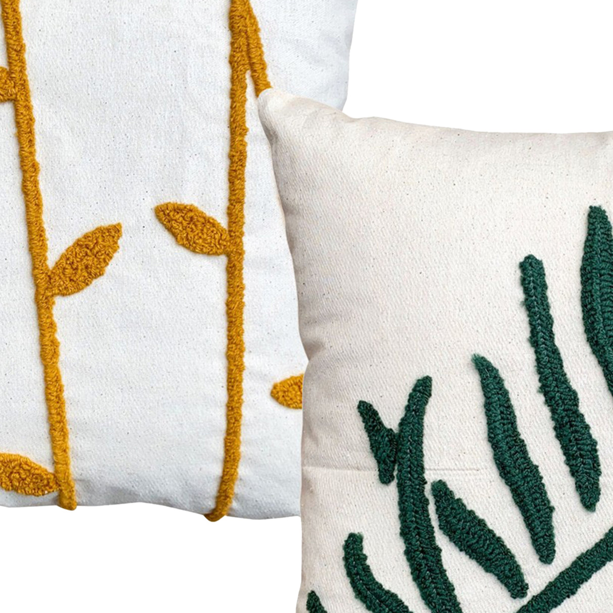 17 x 17 Inch Square Cotton Accent Throw Pillows, Leaf Embroidery, Set of 2, White, Green, Yellow