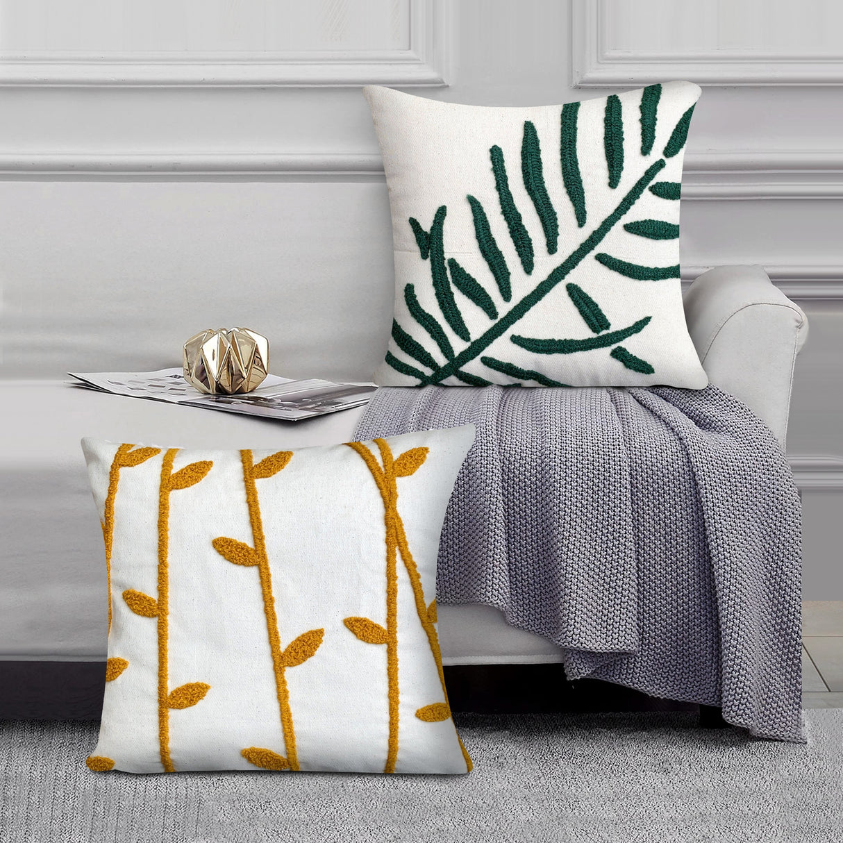 17 x 17 Inch Square Cotton Accent Throw Pillows, Leaf Embroidery, Set of 2, White, Green, Yellow