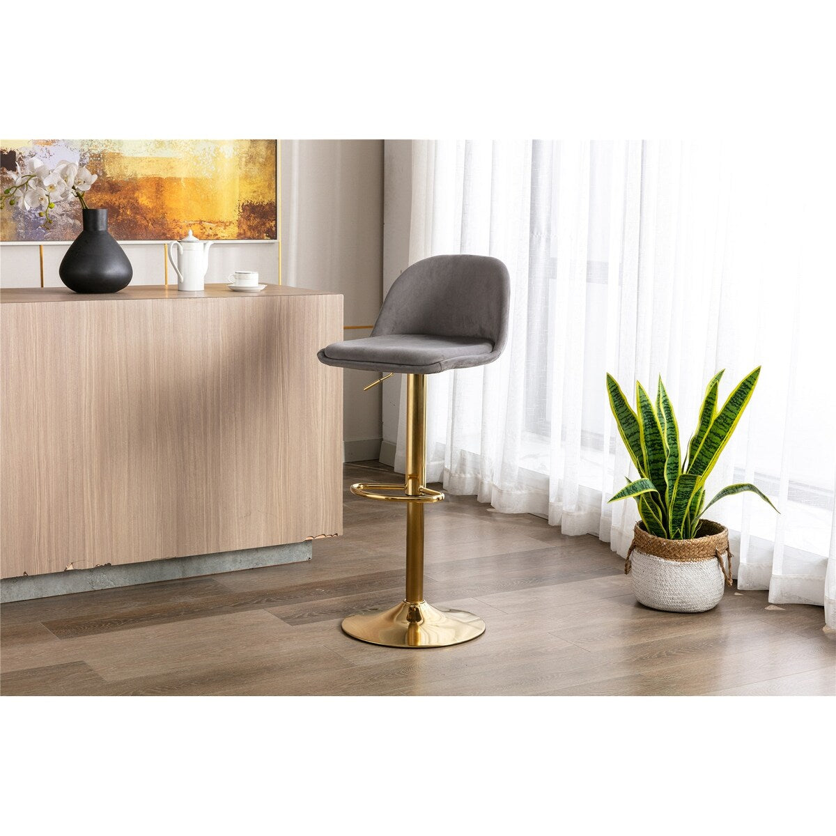 17.72" Velvet Upholstered 2PC Barstools, Bar Chair with Comefortable Padded Seat, Gold Metal Base and Footrest