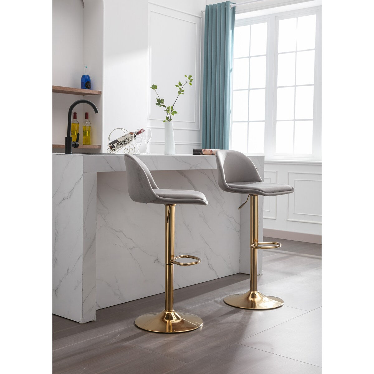 17.72" Velvet Upholstered 2PC Barstools, Bar Chair with Comefortable Padded Seat, Gold Metal Base and Footrest