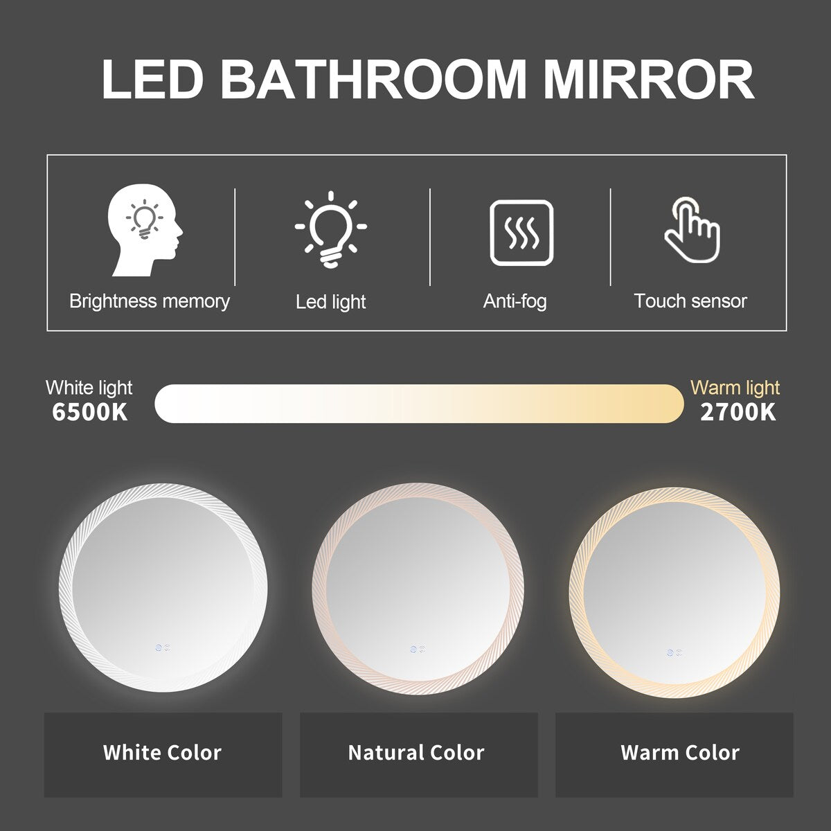 1767GLM 30 Inch Round Dimmable LED Wall Mounted Mirror
