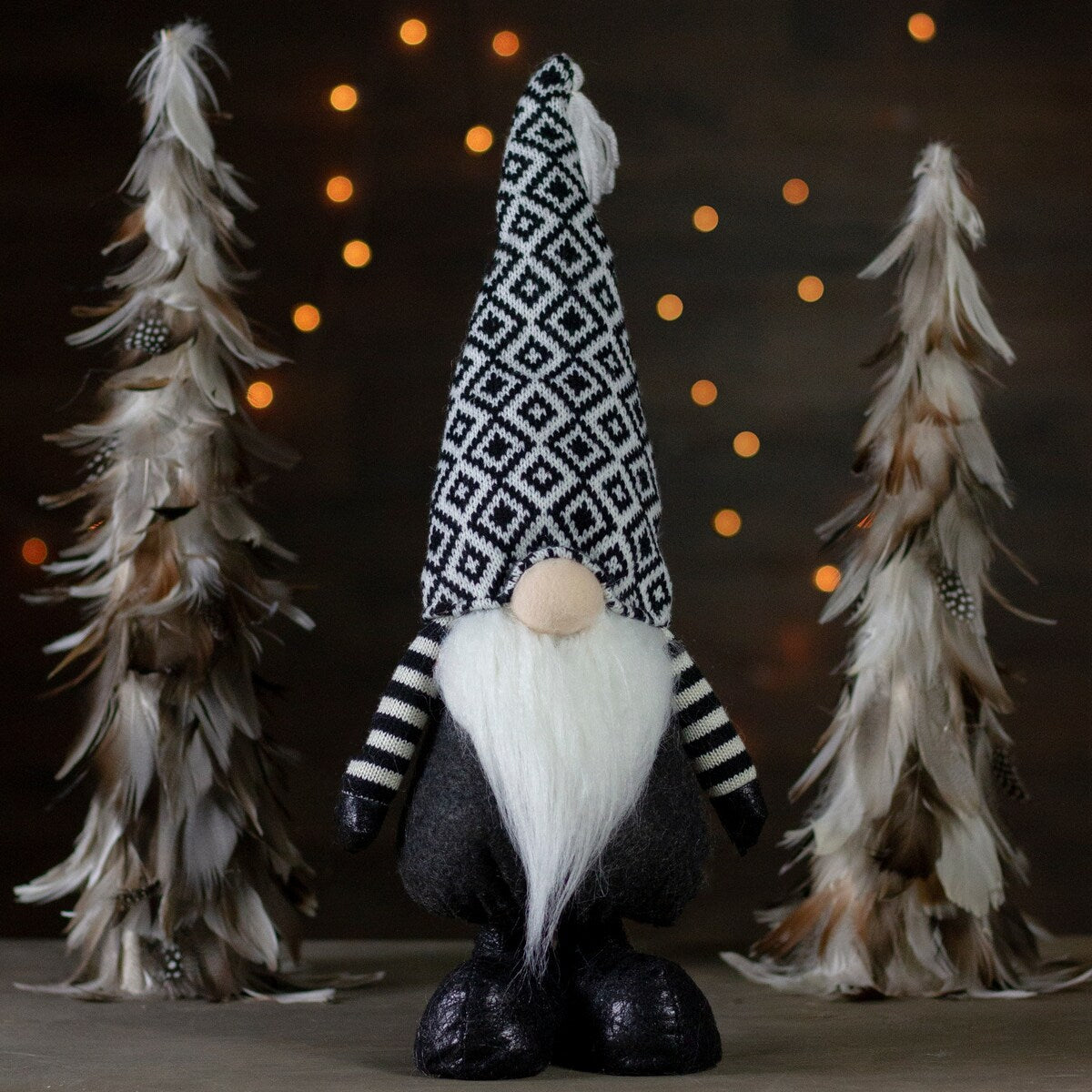17" Black and White Plush Knit Gnome Christmas Figure