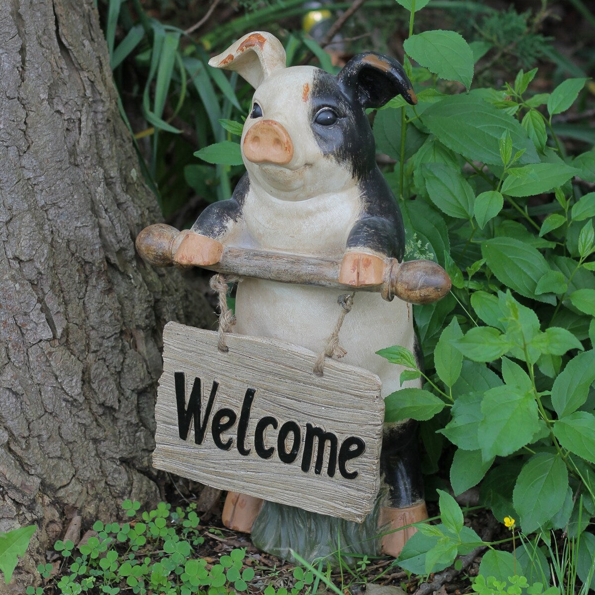 17" Standing Pig with Welcome Sign Outdoor Garden Statue