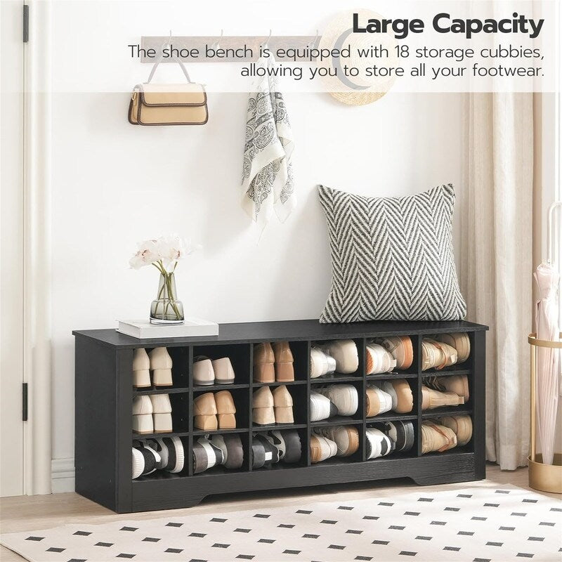 18 Cubbies Shoe Storage Bench, Multifunctional Shoe Cubby - 11.8"D x 47.2"W x 17.7"H