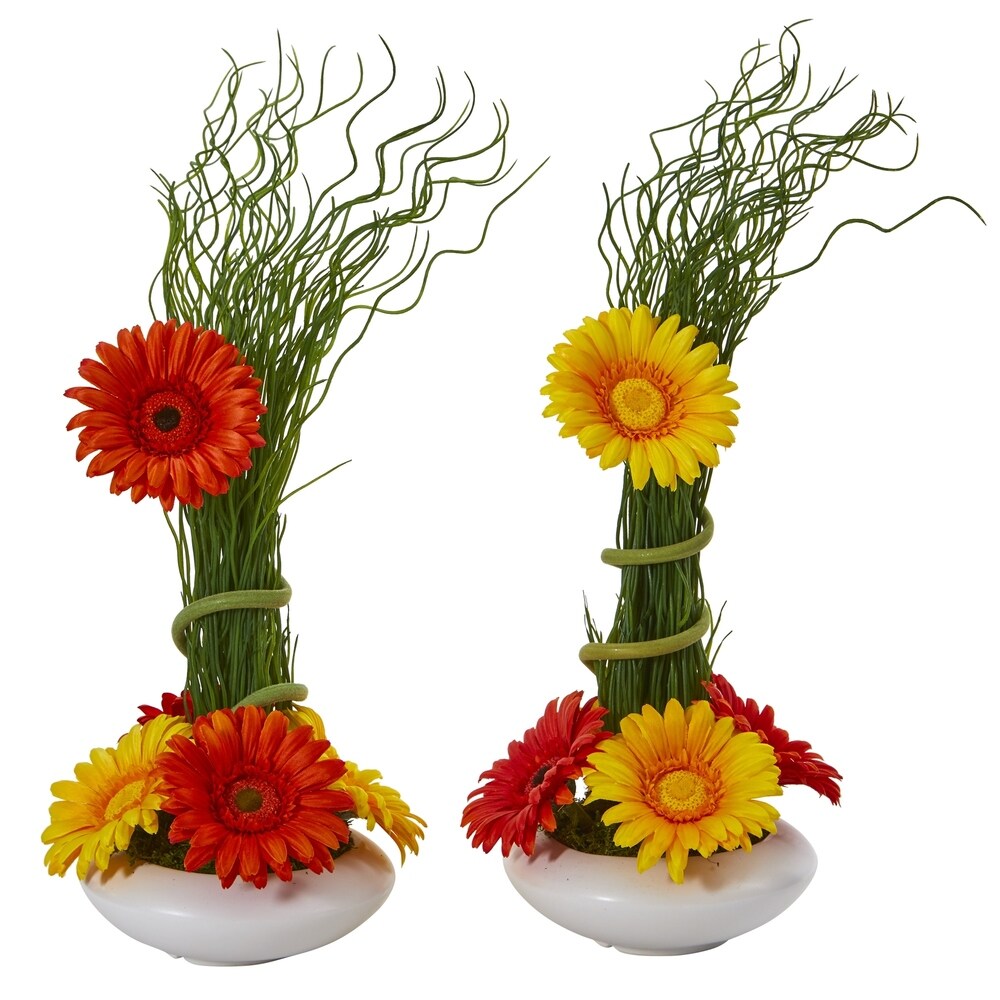 18" Gerber Daisy and Grass Artificial Arrangement in White Vase (Set of 2)