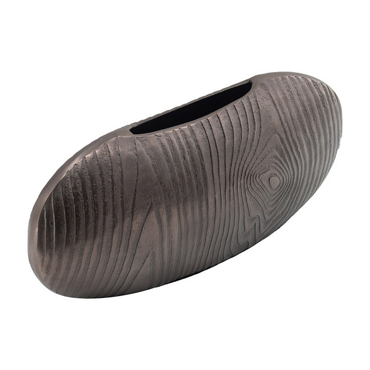 18 Inch Slim Oval Disc Decorative Vase, Wood Texturing Gray Aluminum