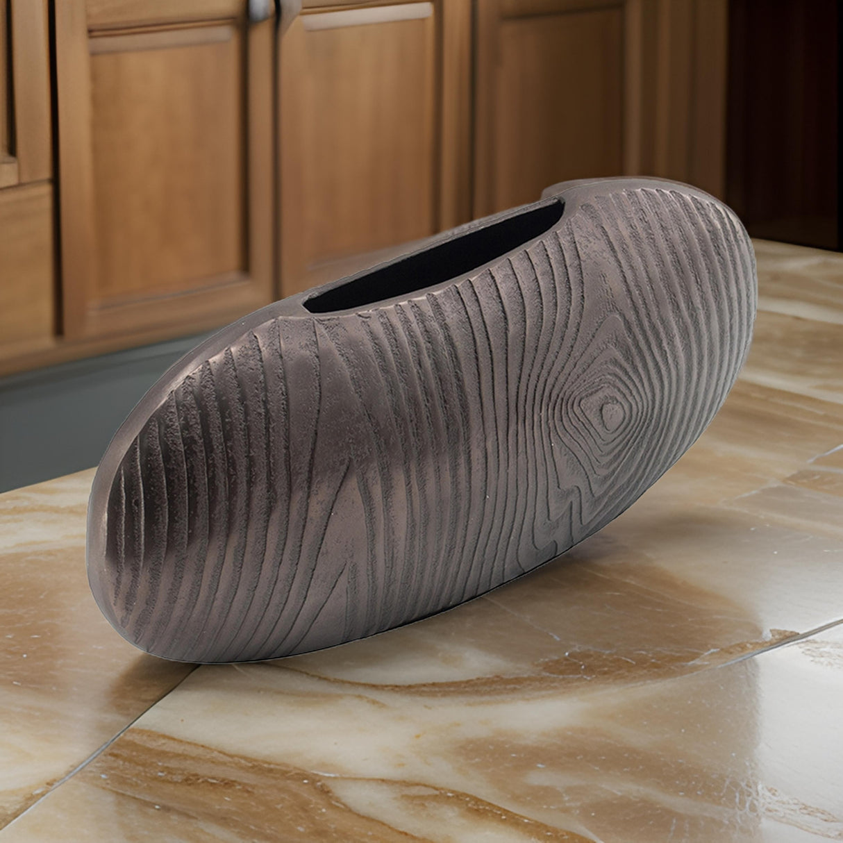 18 Inch Slim Oval Disc Decorative Vase, Wood Texturing Gray Aluminum