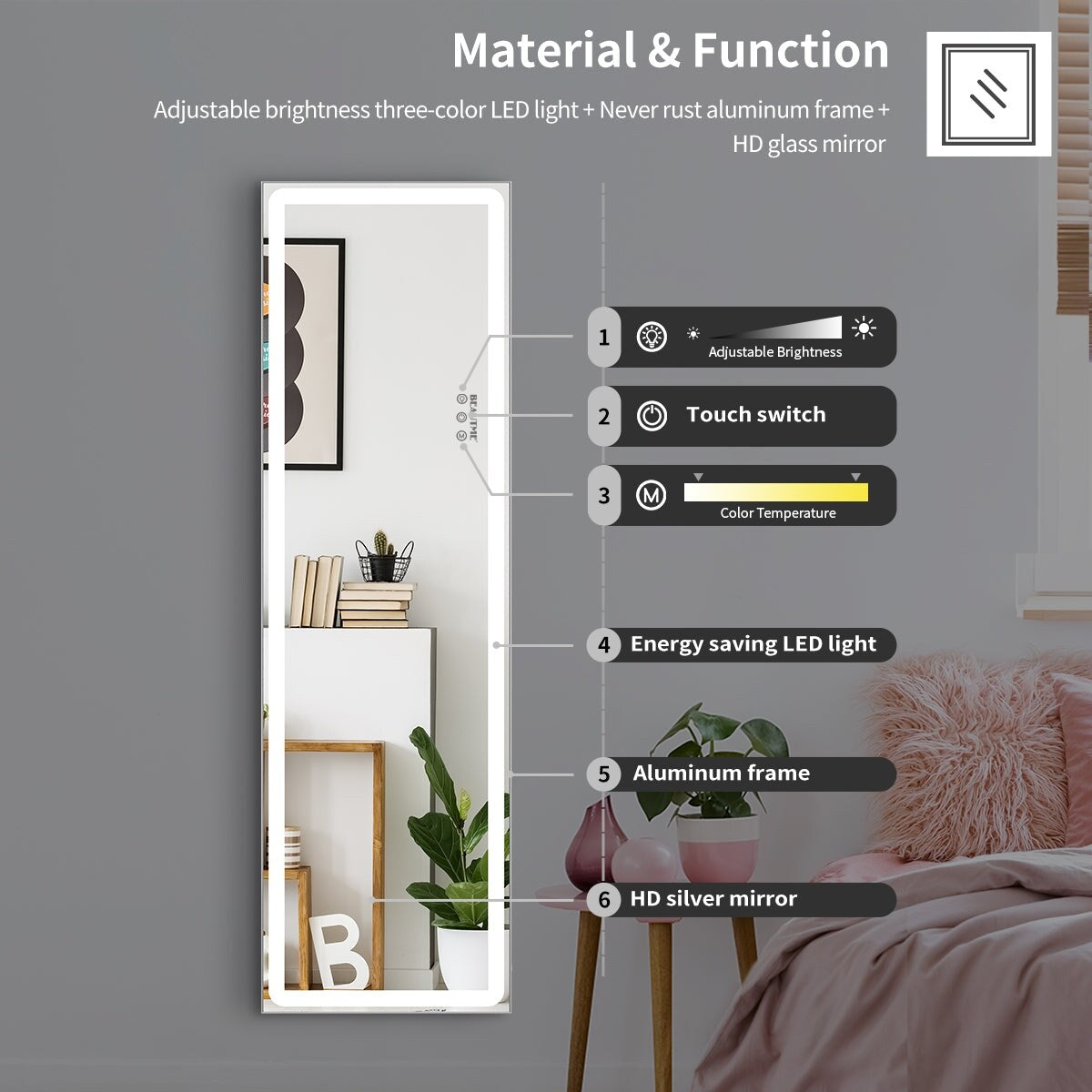 18 x 60 in. Rectangular Framed Touch Sensor Freestanding Full Length with LED Light