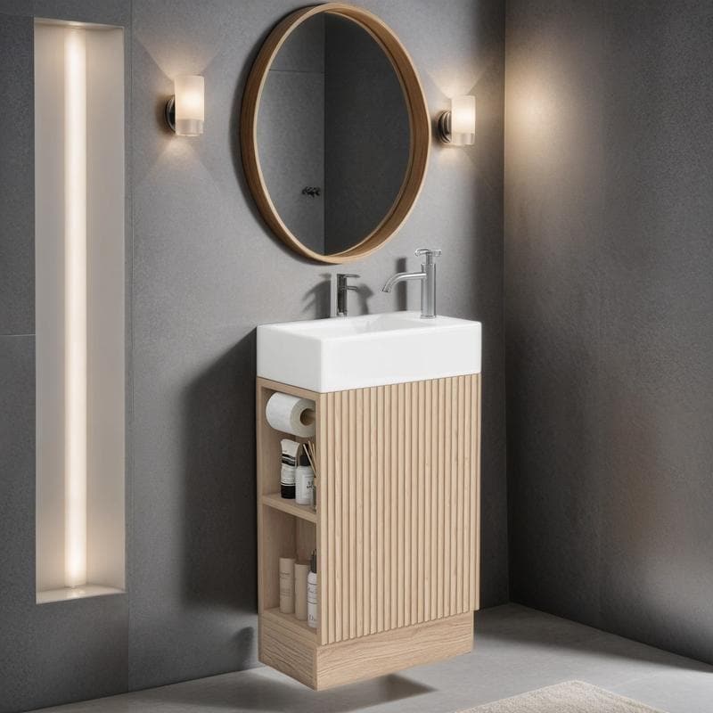 18.6" Bathroom Vanity with Ceramic Sink, Bathroom Cabinet with Two-tier Shelf, Left or Right Orientation, Natural