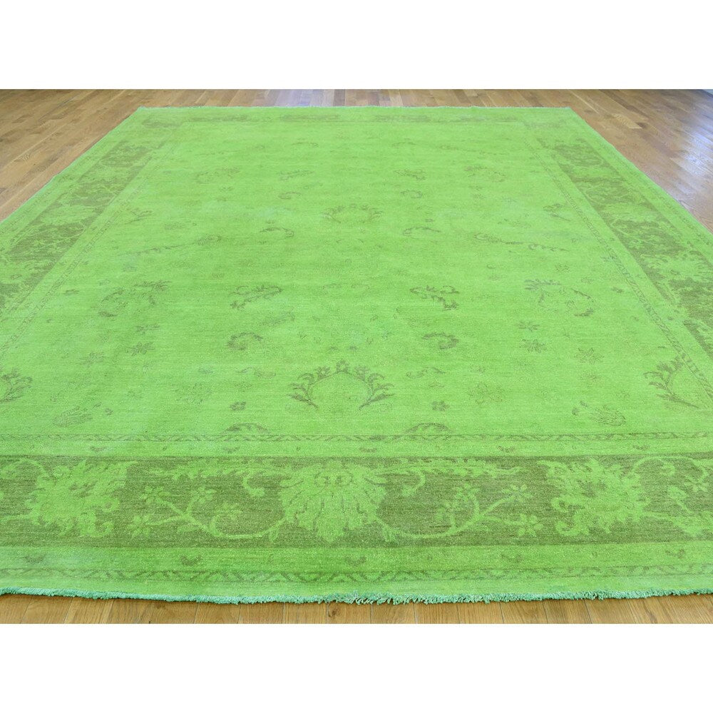 Shahbanu Rugs Peshawar Lime Green Pure Wool Handmade Overdyed Oriental Rug