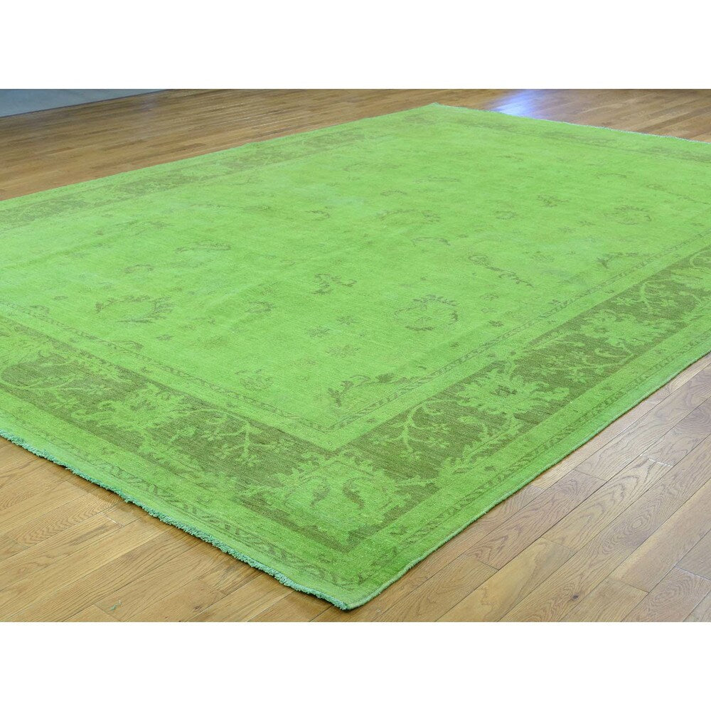 Shahbanu Rugs Peshawar Lime Green Pure Wool Handmade Overdyed Oriental Rug