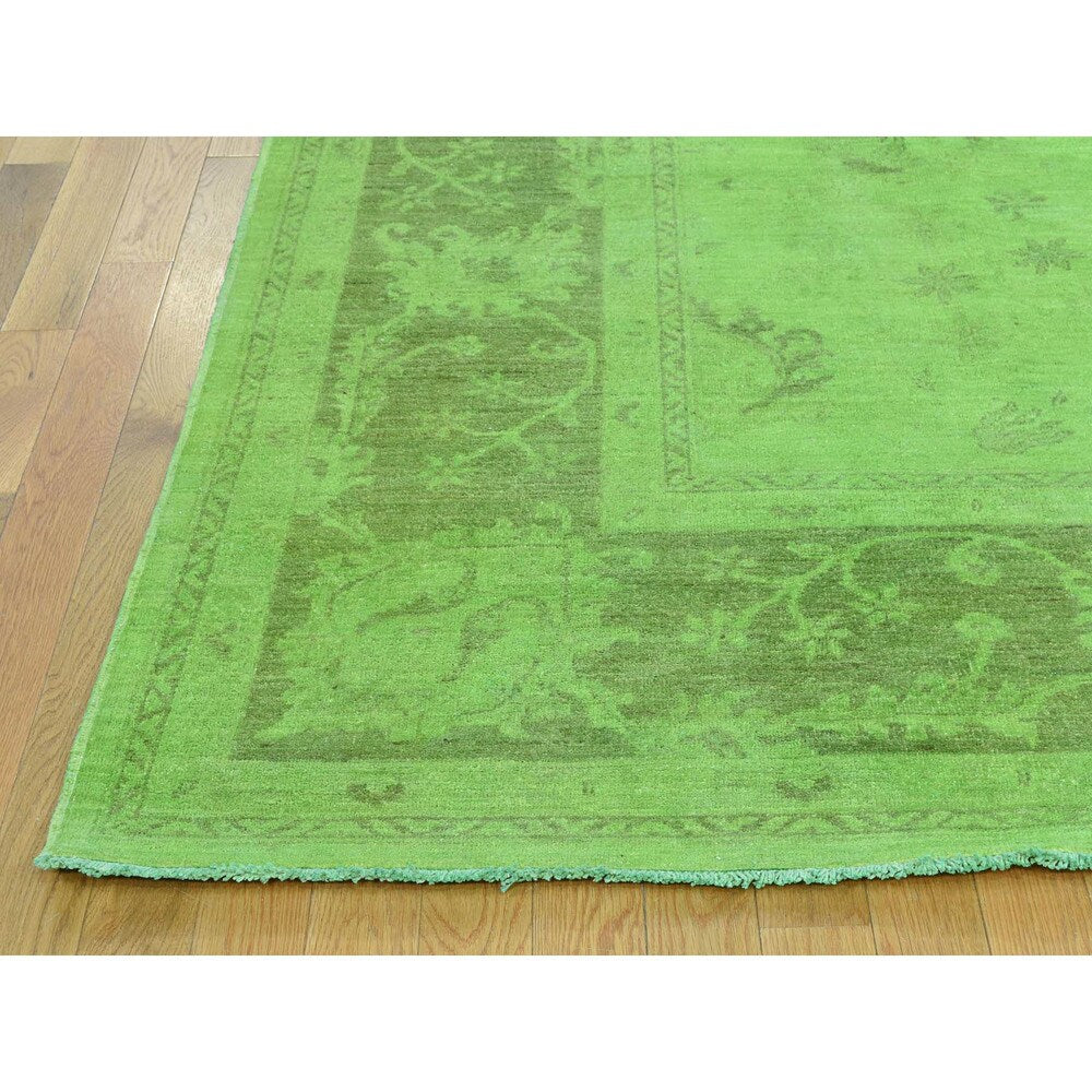 Shahbanu Rugs Peshawar Lime Green Pure Wool Handmade Overdyed Oriental Rug