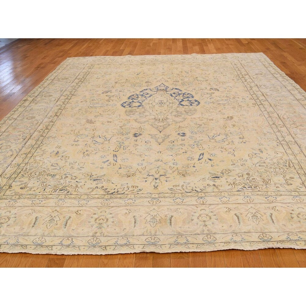 Shahbanu Rugs Pure Wool Vintage White Wash Persian Kerman Hand-Knotted Rug (10' x 13')