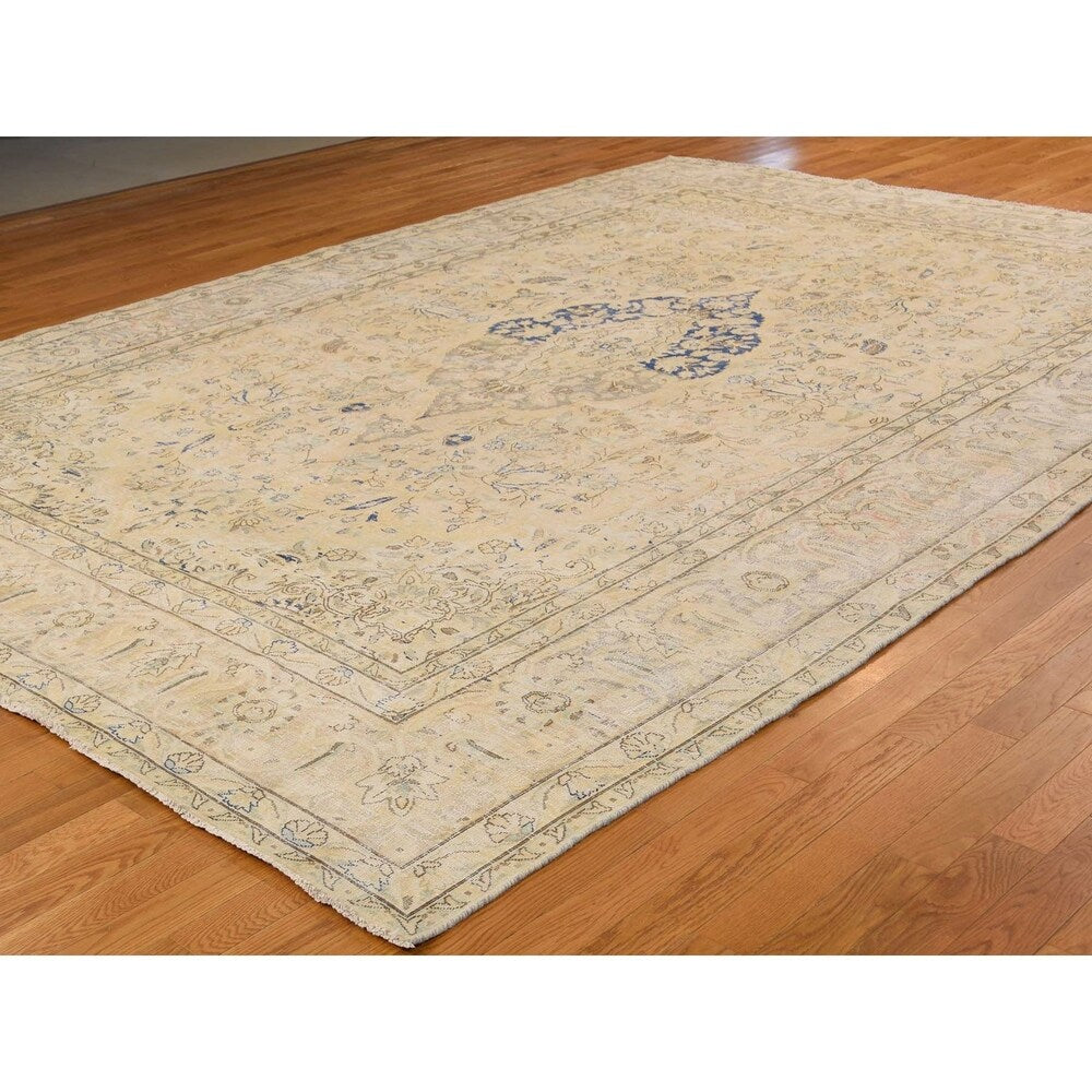 Shahbanu Rugs Pure Wool Vintage White Wash Persian Kerman Hand-Knotted Rug (10' x 13')