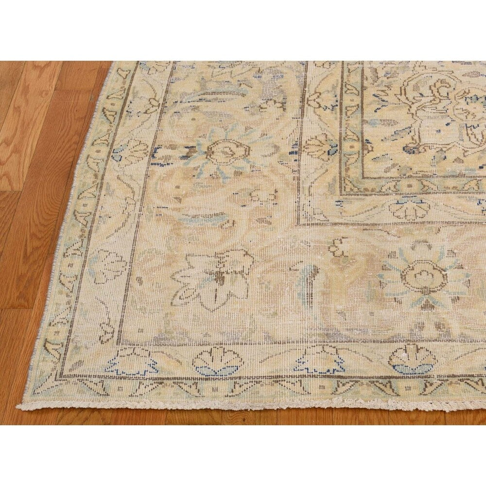 Shahbanu Rugs Pure Wool Vintage White Wash Persian Kerman Hand-Knotted Rug (10' x 13')