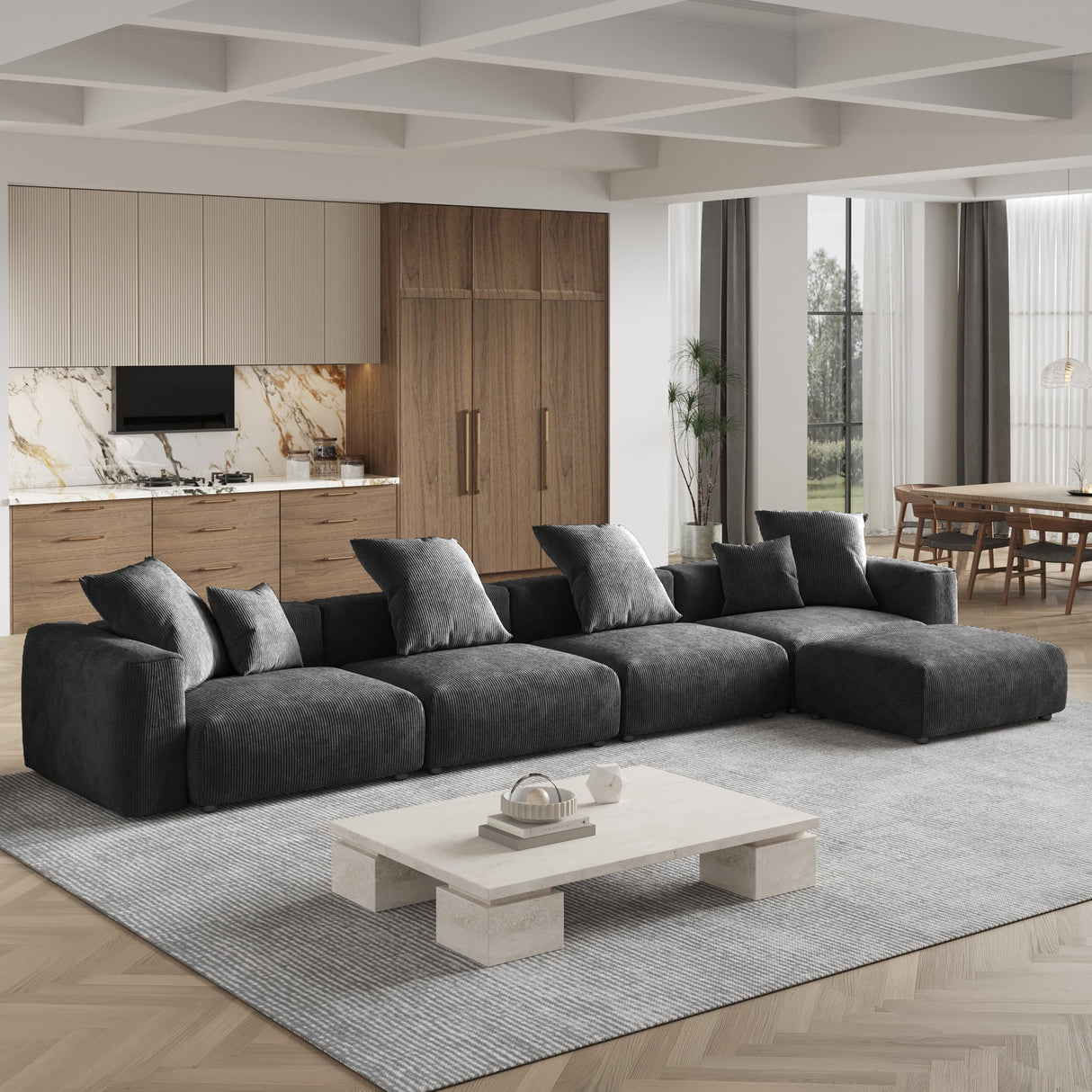 180'' Leathaire Upholstered Sofa Modular Sectional Sofa with Ottoman