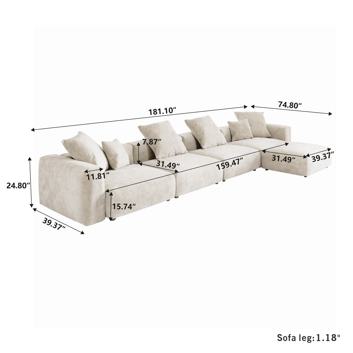 180'' Leathaire Upholstered Sofa Modular Sectional Sofa with Ottoman