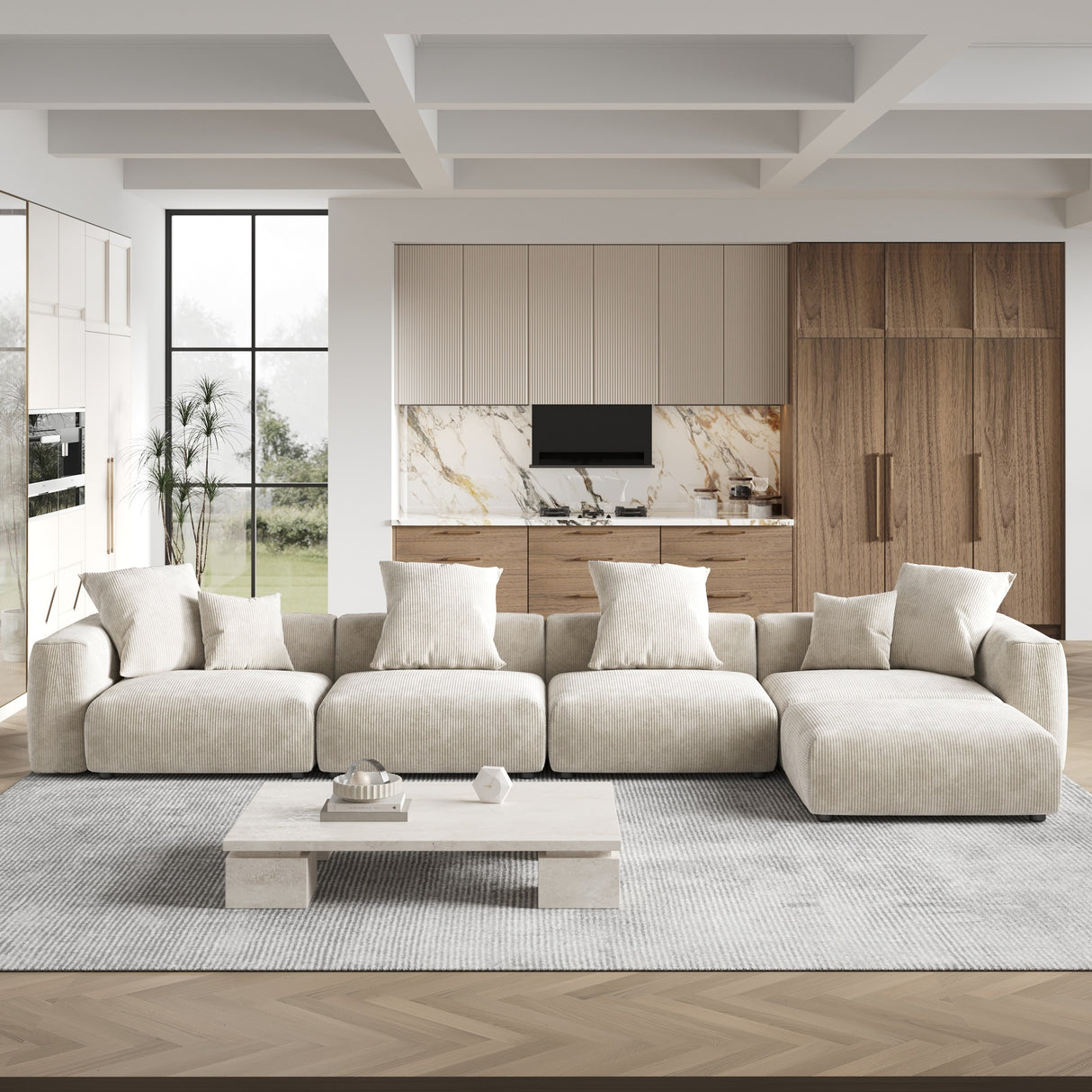 180'' Leathaire Upholstered Sofa Modular Sectional Sofa with Ottoman