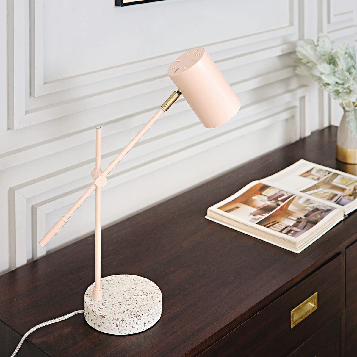 18" Desk/Table Lamp, Matte Pink, Matte Brass Accent, Terrazzo Base, Adjustable Height, Balance Arm, in-Line Rocker On/Off Switch
