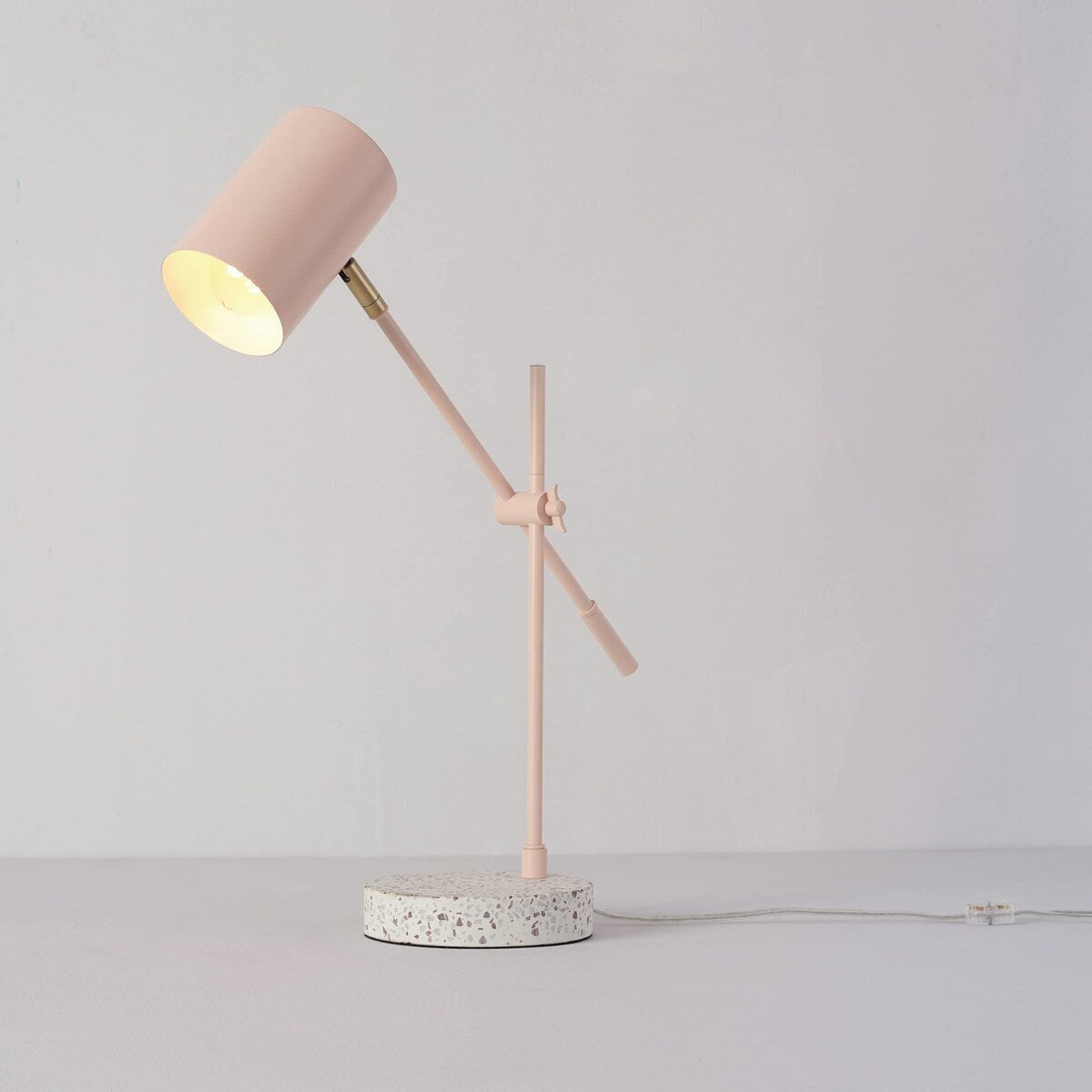 18" Desk/Table Lamp, Matte Pink, Matte Brass Accent, Terrazzo Base, Adjustable Height, Balance Arm, in-Line Rocker On/Off Switch