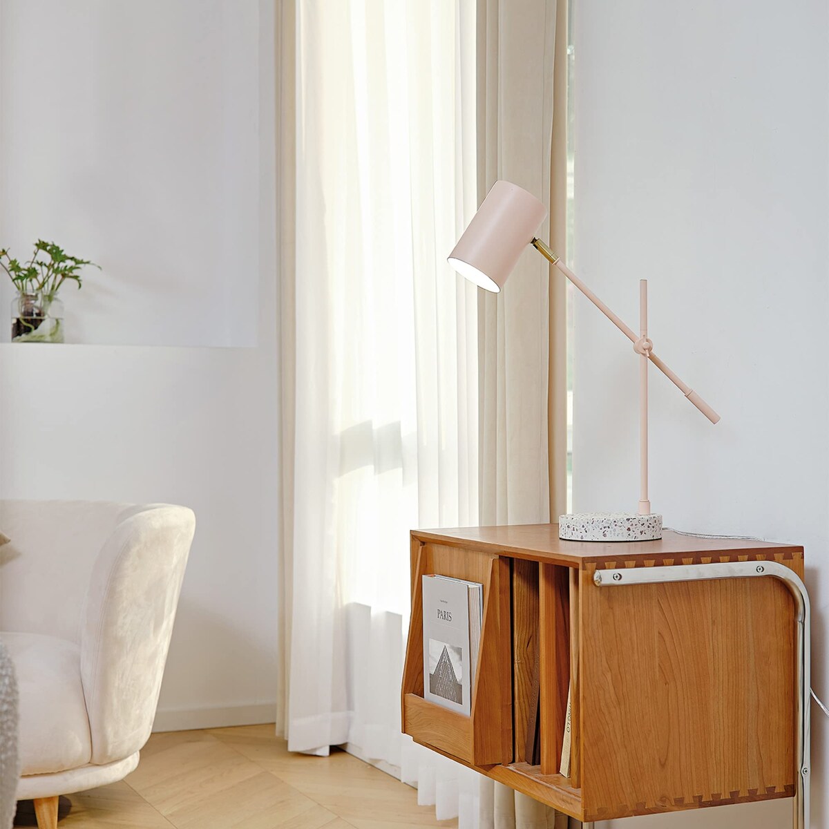18" Desk/Table Lamp, Matte Pink, Matte Brass Accent, Terrazzo Base, Adjustable Height, Balance Arm, in-Line Rocker On/Off Switch