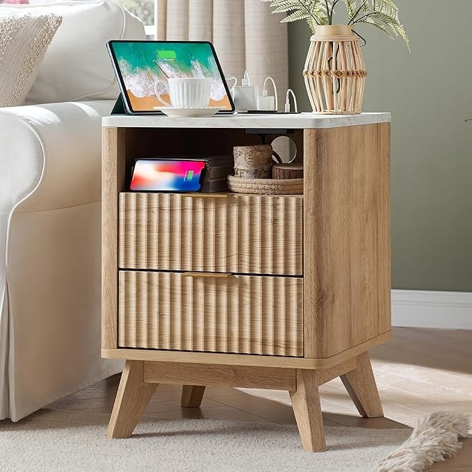 Modern Fluted Nightstand with Faux Marble Top Side Table End Table