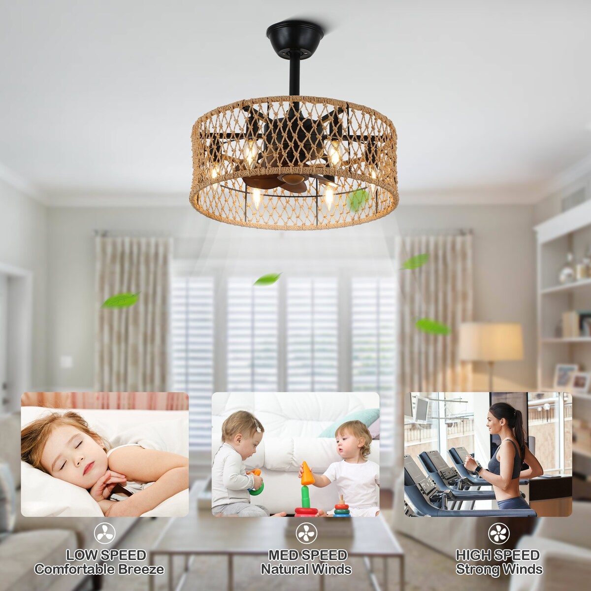 18" Rustic Rope-Woven Ceiling Fan with Light and Remote, 3-Speed Reversible Motor Chandelier - N/A