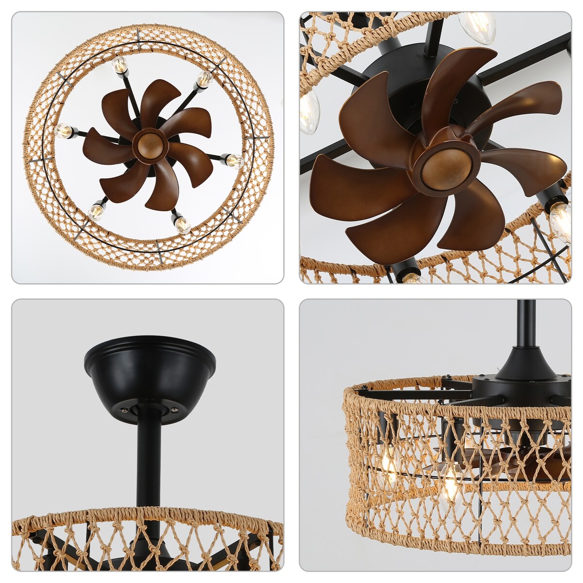 18" Rustic Rope-Woven Ceiling Fan with Light and Remote, 3-Speed Reversible Motor Chandelier - N/A