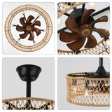18" Rustic Rope-Woven Ceiling Fan with Light and Remote, 3-Speed Reversible Motor Chandelier - N/A