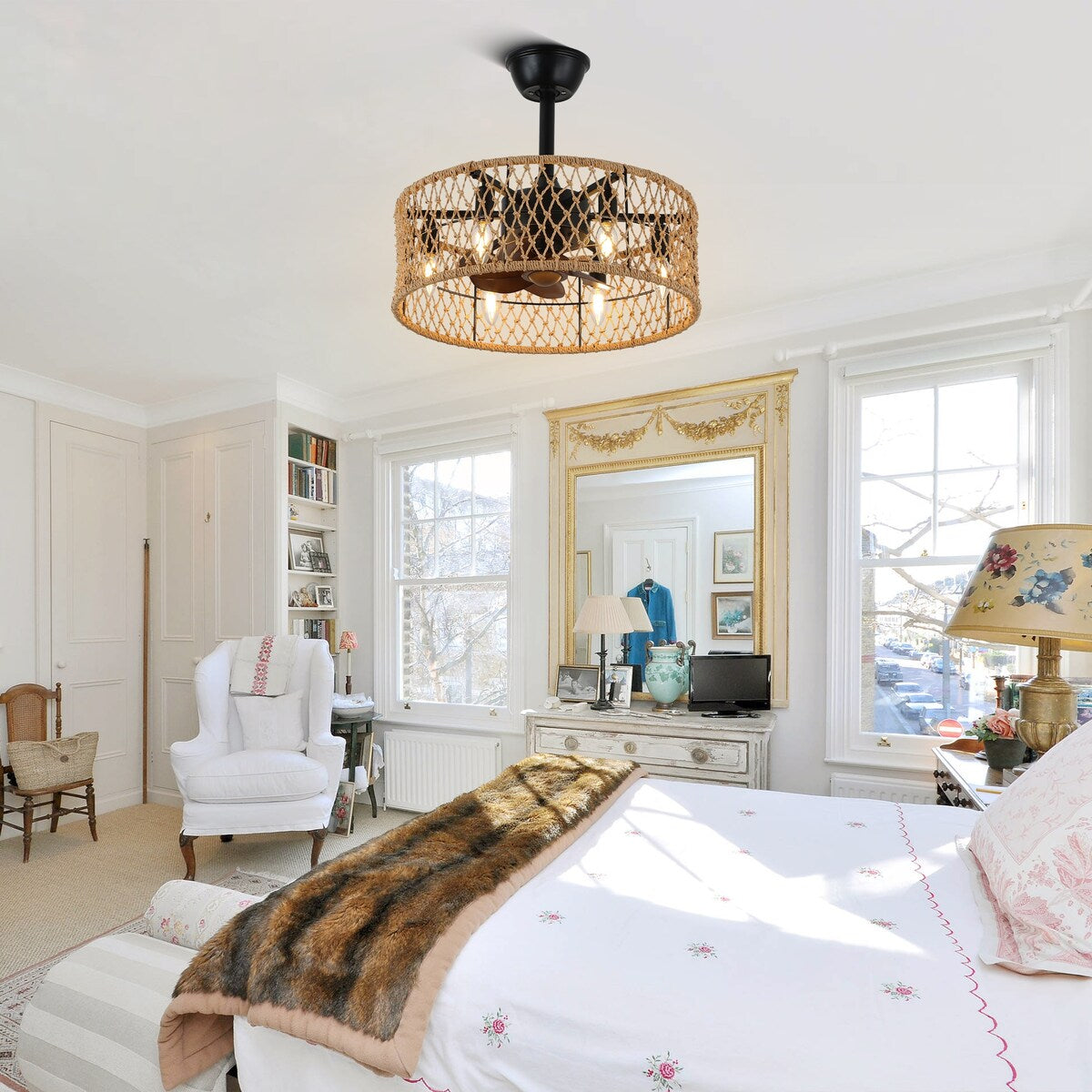 18" Rustic Rope-Woven Ceiling Fan with Light and Remote, 3-Speed Reversible Motor Chandelier - N/A