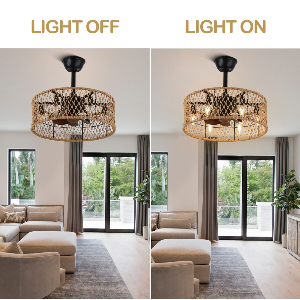 18" Rustic Rope-Woven Ceiling Fan with Light and Remote, 3-Speed Reversible Motor Chandelier - N/A