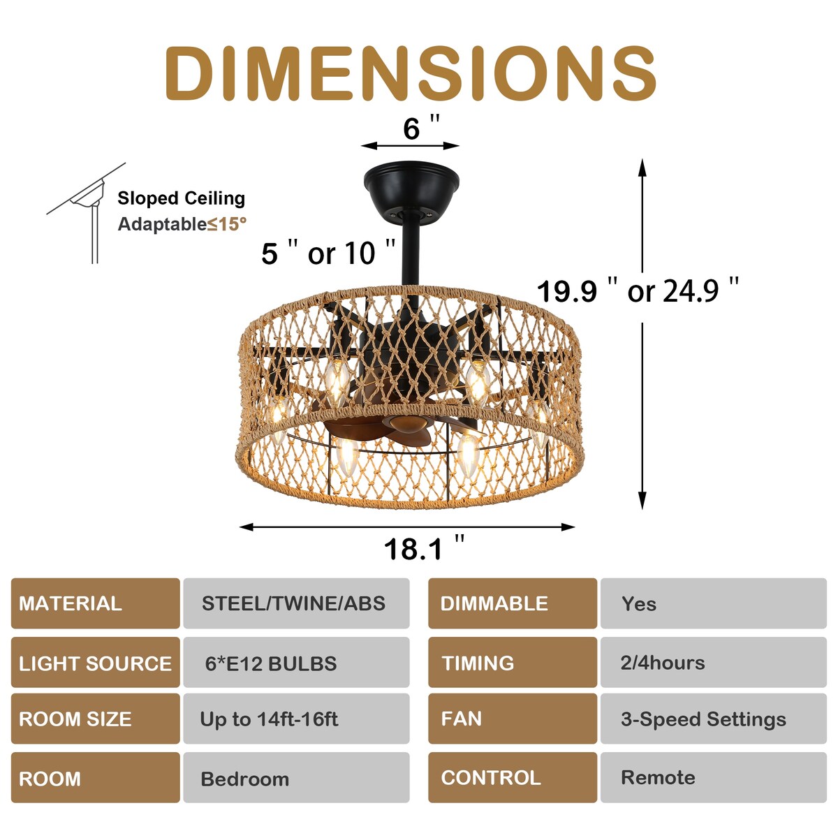 18" Rustic Rope-Woven Ceiling Fan with Light and Remote, 3-Speed Reversible Motor Chandelier - N/A