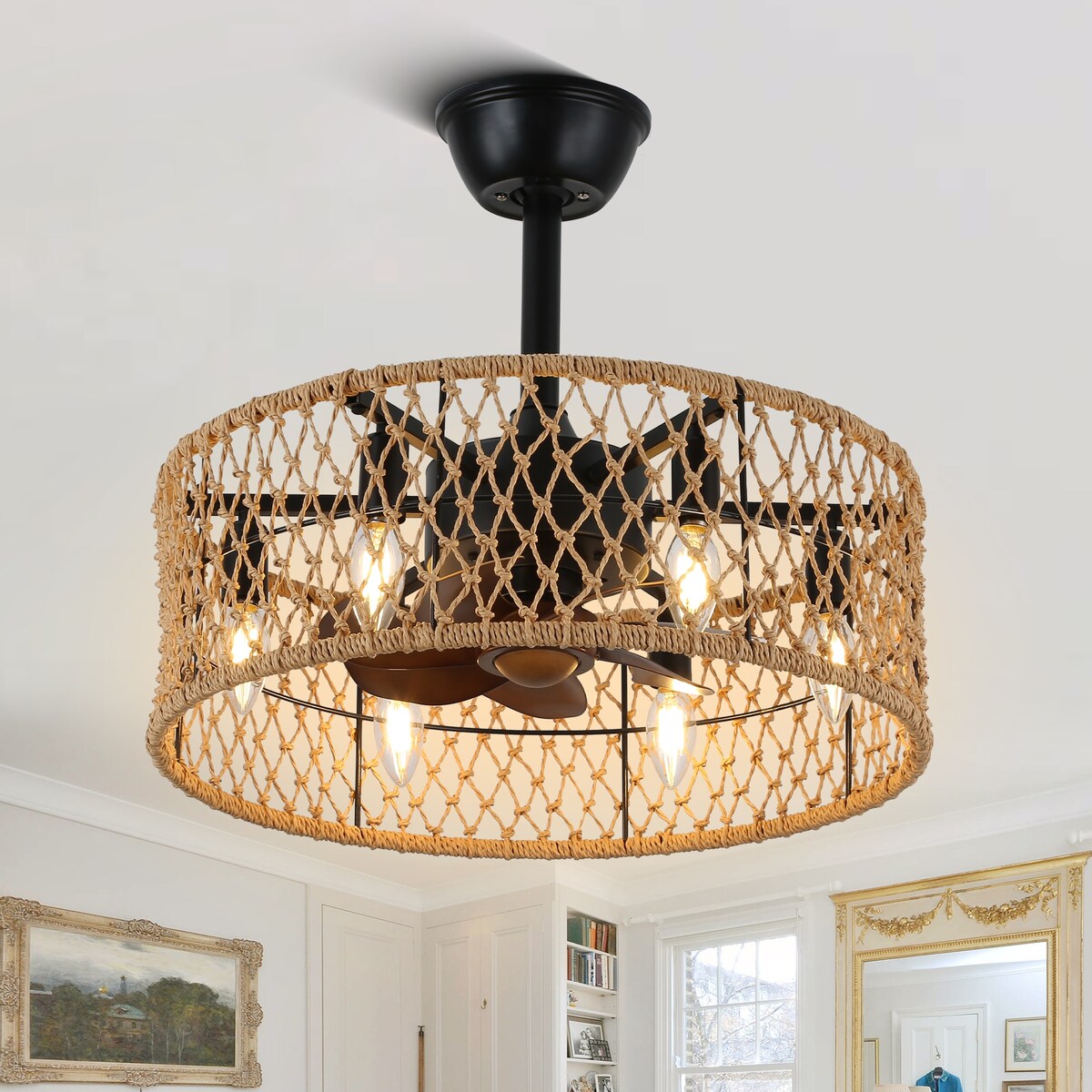 18" Rustic Rope-Woven Ceiling Fan with Light and Remote, 3-Speed Reversible Motor Chandelier - N/A