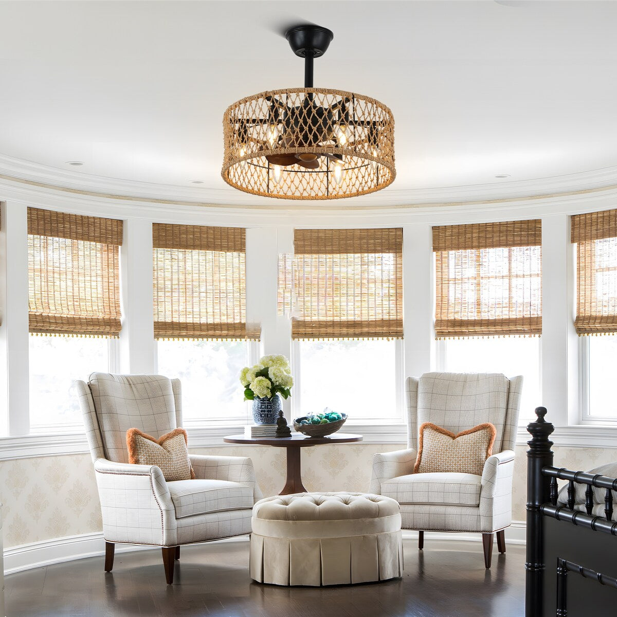 18" Rustic Rope-Woven Ceiling Fan with Light and Remote, 3-Speed Reversible Motor Chandelier - N/A