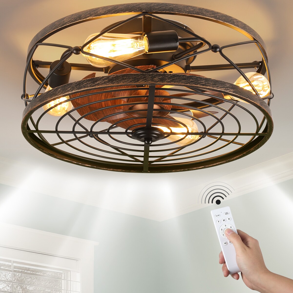 18" Rustic Caged Ceiling Fan Light Farmhouse Flush Mount Chandelier With Remote - 18.1"