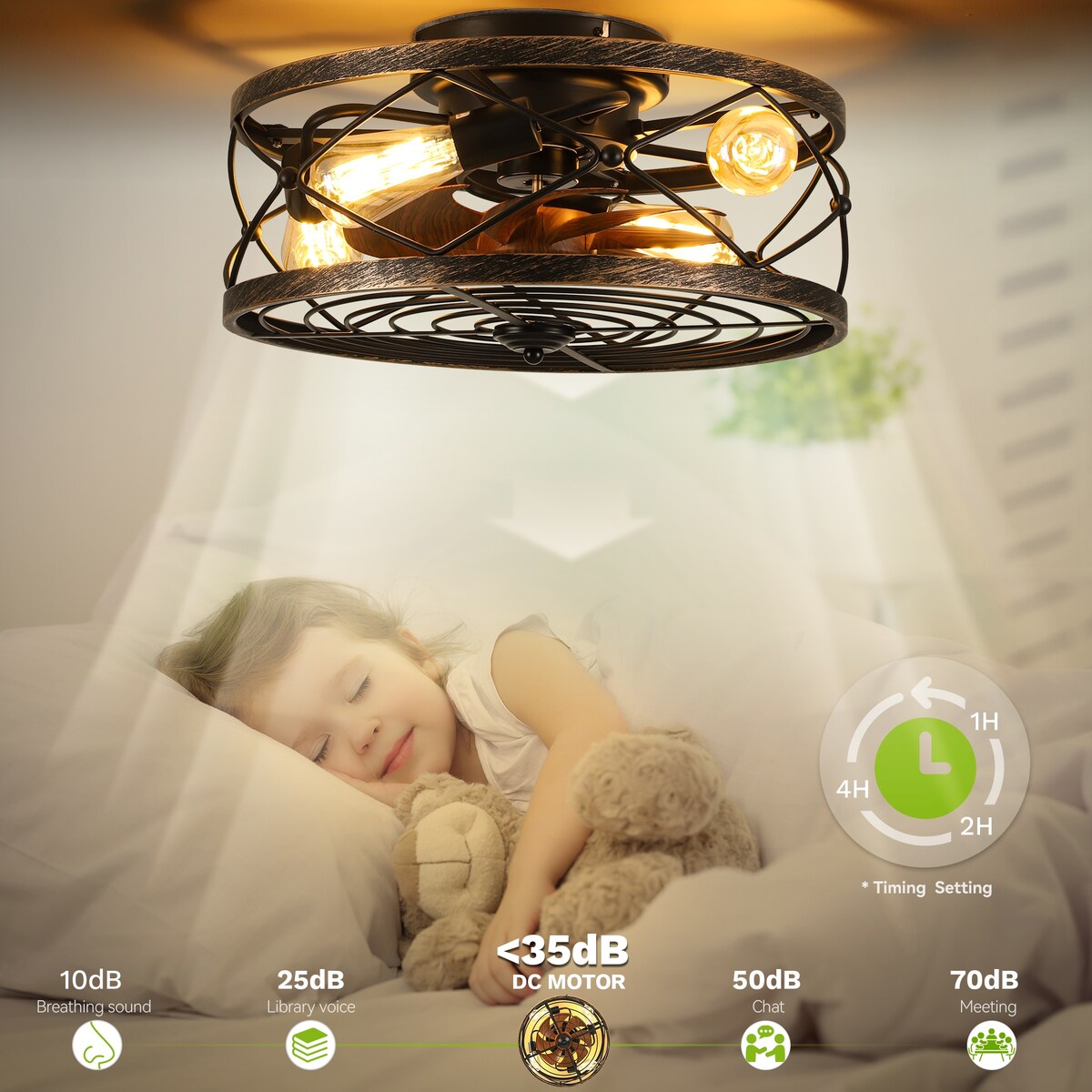 18" Rustic Caged Ceiling Fan Light Farmhouse Flush Mount Chandelier With Remote - 18.1"