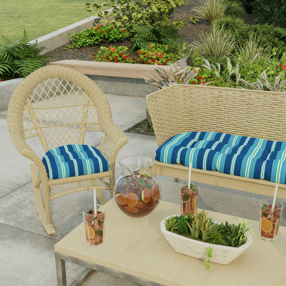 18" x 18" Blue Stripe Contoured Outdoor Wicker Seat Cushion - Set of 2