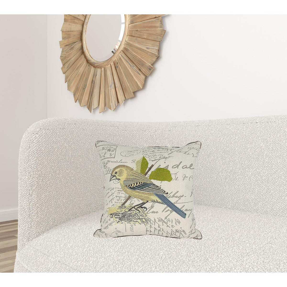 18"x18" Beige and Brown Bird Linen Blend Bird Print Zippered Pillow
