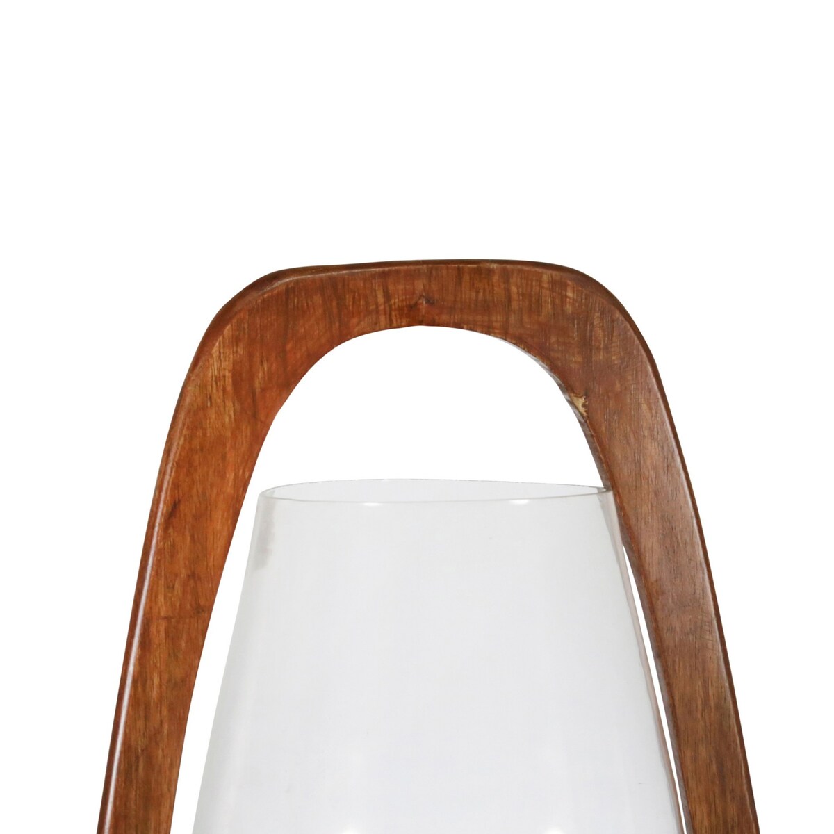 19 Inch Bellied Glass Vase with Wooden Handle, Set of 2, Clear and Brown