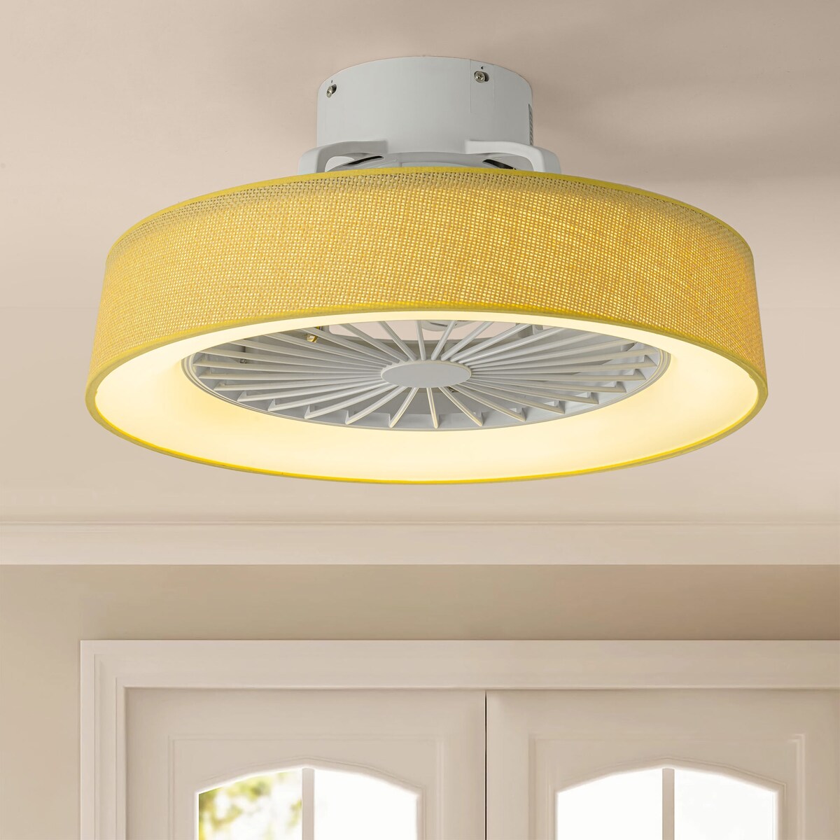 19 in. Rustic Wheel Round Fabric/ Woven Rope Fandelier 7-blade Cylinder Integrated LED Ceiling Fan with Remote Control