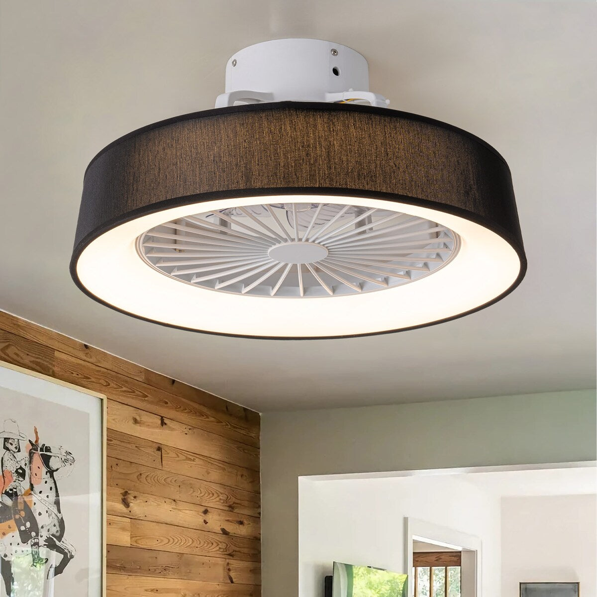 19 in. Rustic Wheel Round Fabric/ Woven Rope Fandelier 7-blade Cylinder Integrated LED Ceiling Fan with Remote Control