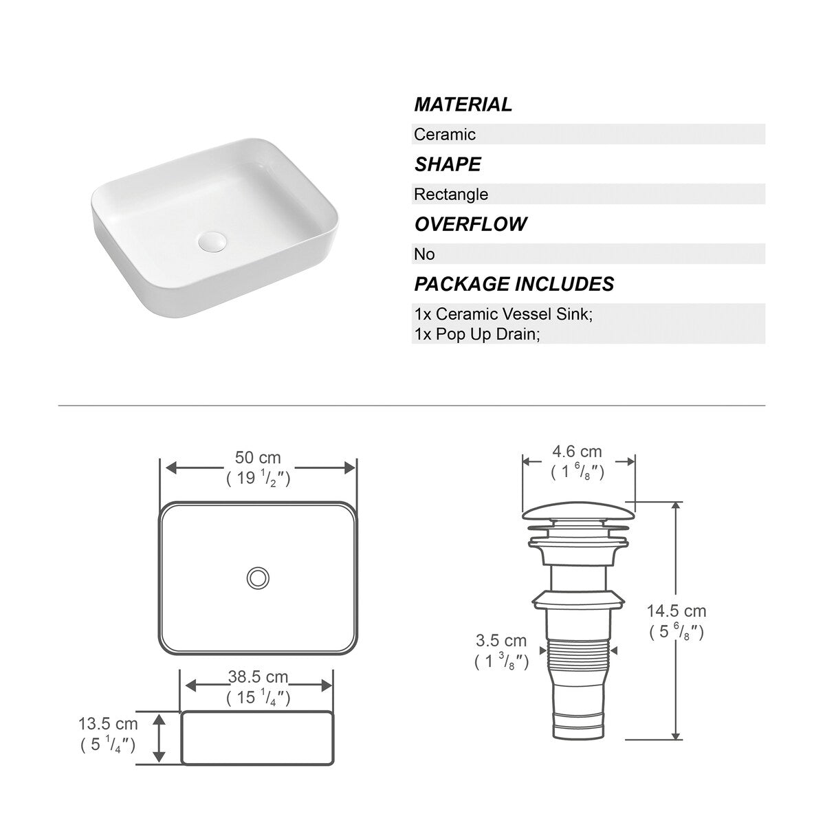 19 in. x 15 in.Ceramic Rectangular Above Counter White Bathroom Sink